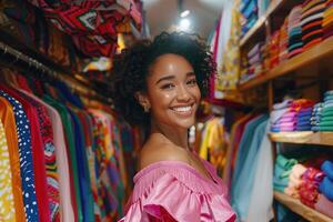 ai generado joven mujer sonriente en vistoso ropa Tienda con ai generado. foto