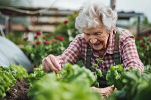 ai generado mayor mujer tendiendo a su vegetal jardín con ai generado. foto