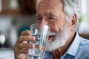 ai generado mayor hombre sonriente mientras Bebiendo agua con ai generado. foto