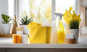 AI generated Photo of Yellow Cleaning Supplies on a White Countertop