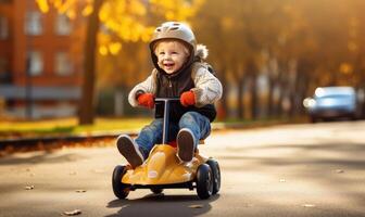 AI generated Child Riding a Scooter Through a Lively Neighborhood photo