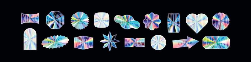 Y2K holographic sticker set hearts with chrome effect. Abstract shapes in hologram style. Flat vector illustration isolated on white background.