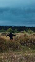 Ghost walking in field. Skinned ghost in dark cloak standing in rural landscape Vertical video