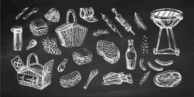 Set of hand-drawn sketches of barbecue and picnic elements on chalkboard background. For design of menu, grilled food. Doodle vintage illustration. Engraved image. vector