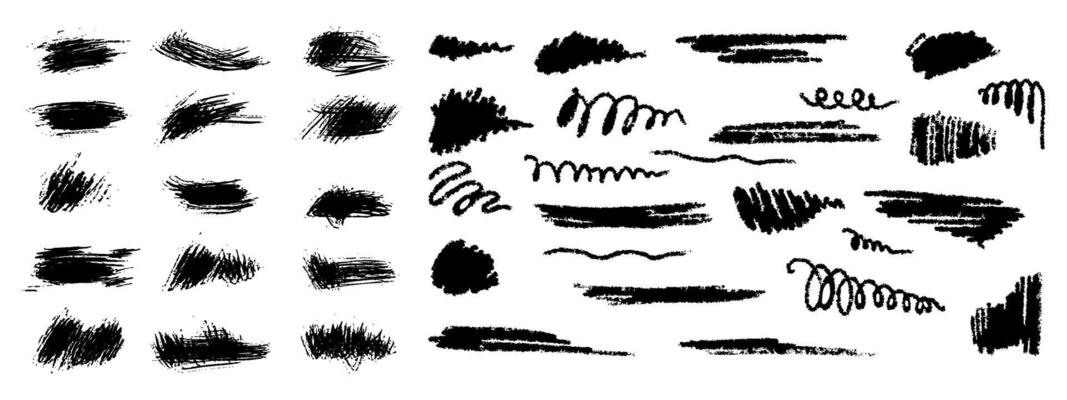 Hand-drawn underlining elements, brush with crayon effect, chalk texture. Chalk stroke for highlighting. Vector illustration in children's style. Crayon brush colored underline.
