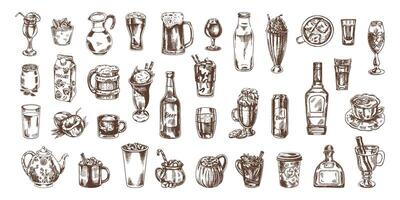 A set of hand-drawn sketches of drinks. Vector illustration in vintage style. Beverages. Good for the menu.