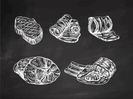 Set of hand-drawn sketches of meat pieces, beef steak, ham, pork, bacon, ribs. Fresh meat products on chalkboard background. For design of menu, butcher shop. Engraved illustration. vector