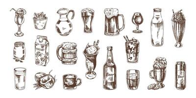 A set of hand-drawn sketches of drinks. Vector illustration in vintage style. Beverages. Good for the menu.