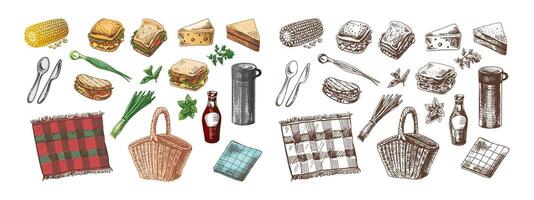 Set of hand-drawn colored and monochrome sketches of barbecue and picnic elements. For the design of the menu of restaurants and cafes, grilled food. Doodle vintage illustration. Engraved image. vector