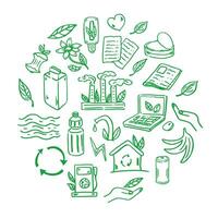 Set of ecology. Elements in circle. Hand-drawn doodle vector illustration. Ecology problem, recycling and green energy icons. Environmental symbols.