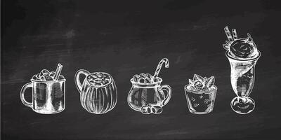 A set of hand-drawn sketches of cold and hot drinks on chalkboard background. Vector illustration in vintage style. Beverages. Good for the menu.