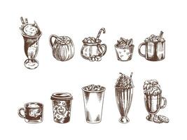 A set of hand-drawn sketches of cold and hot drinks. Vector illustration in vintage style. Beverages. Good for the menu.