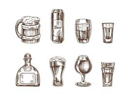 A set of hand-drawn sketches of alcohol drinks. Vector illustration in vintage style. Beverages. Good for the menu.