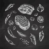 Set of hand-drawn sketches of barbecue elements on chalkboard background. For design of menu, grilled food. Pieces of meat and vegetables with seasonings. vector