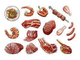 Set of hand-drawn colored sketches of different types of meat, steaks, shrimp, chicken, grilled vegetables, barbecue. Doodle vintage illustration. Engraved image. vector