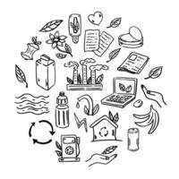 Set of ecology. Elements in circle. Hand-drawn doodle vector illustration. Ecology problem, recycling and green energy icons. Environmental symbols.