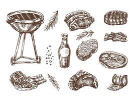 Set of hand-drawn sketches of barbecue elements. For the design of the menu of restaurants and cafes, grilled food. Doodle vintage illustration. Engraved image. vector