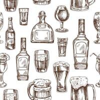 Seamless hand-drawn pattern of alcohol drinks. Vector illustration in vintage style. Beverages. Good for the menu.