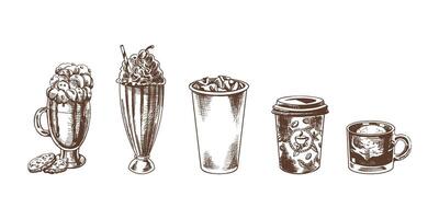 A set of hand-drawn sketches of cold and hot drinks. Vector illustration in vintage style. Beverages. Good for the menu.