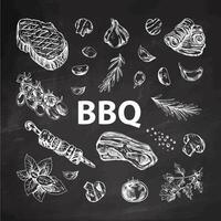 Set of hand-drawn sketches of barbecue elements on chalkboard background. For design of menu, grilled food. Doodle vintage illustration. Engraved image. vector