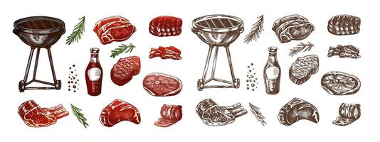 Set of hand-drawn colored and monochrome sketches of barbecue elements. For the design of the menu, grilled food. Doodle vintage illustration. Engraved image. vector