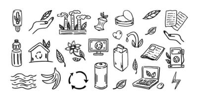 conjunto de ecología. dibujado a mano garabatear vector ilustración. ecología problema, reciclaje y verde energía iconos ambiental simbolos
