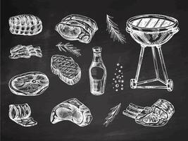 Set of hand-drawn sketches of barbecue elements on chalkboard background. For design of menu, grilled food. Doodle vintage illustration. Engraved image. vector