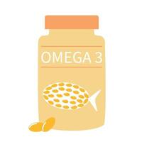 Jar with Omega 3 capsules in flat style isolated on white background, Fish oil supplement, Vector illustration, Omega 3 clipart