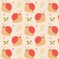 Vector pattern with cute snails, Cartoon cute character with flowers and grass, Children's background, textile background, packaging