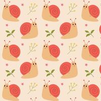 Vector pattern with cute snails, Cartoon cute character with flowers and grass, Children's background, textile background, packaging