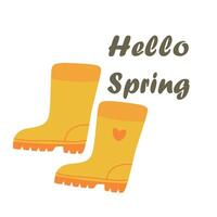 Hola primavera, mano dibujado floral primavera huellas dactilares, amarillo caucho botas vector