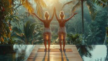 AI generated Two Women Sitting on a Deck in Front of a Waterfall photo