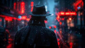 AI generated Man in Hat and Coat Walking Down Rainy Street photo