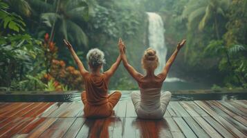 AI generated Two Women Sitting on a Deck in Front of a Waterfall photo