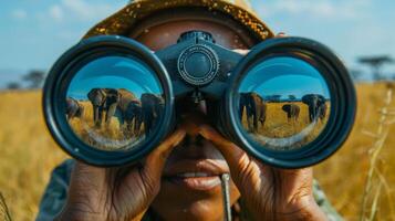 AI generated Woman Looking Through Binoculars at Elephants in Field photo