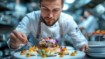 ai generado cocinero en uniforme preparando comida en plato foto