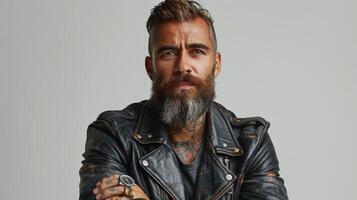 AI generated Bearded Man in Leather Jacket photo