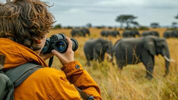 AI generated Man Taking Picture of Herd of Elephants photo