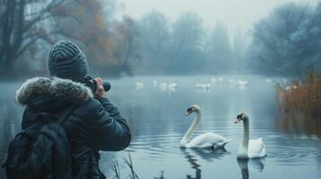 ai generado persona tomando imagen de cisnes en agua foto