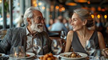 ai generado hombre y mujer sentado a un restaurante mesa foto