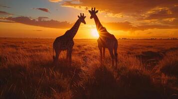 AI generated Two Giraffes Standing in Field at Sunset photo