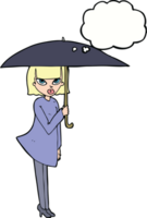 tekenfilm vrouw met paraplu met gedachte bubbel png