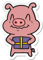 Aufkleber eines nervösen Cartoon-Schweins mit Geschenk png
