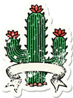 worn old sticker with banner of a cactus png