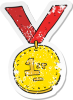 retro distressed sticker of a cartoon first place medal png