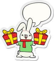 cartoon rabbit with christmas presents with speech bubble sticker png