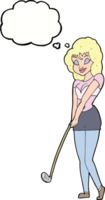 dessin animé femme jouant au golf avec bulle de pensée png