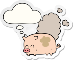 cartoon smelly pig with thought bubble as a printed sticker png