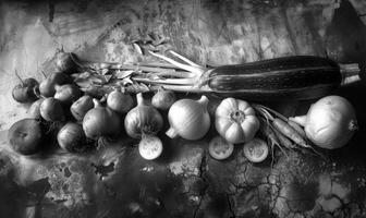 ai generado todavía vida con vegetales en un rústico antecedentes. negro y blanco. foto