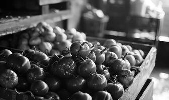 AI generated Tomatoes in a wooden box on the market. Black and white. photo